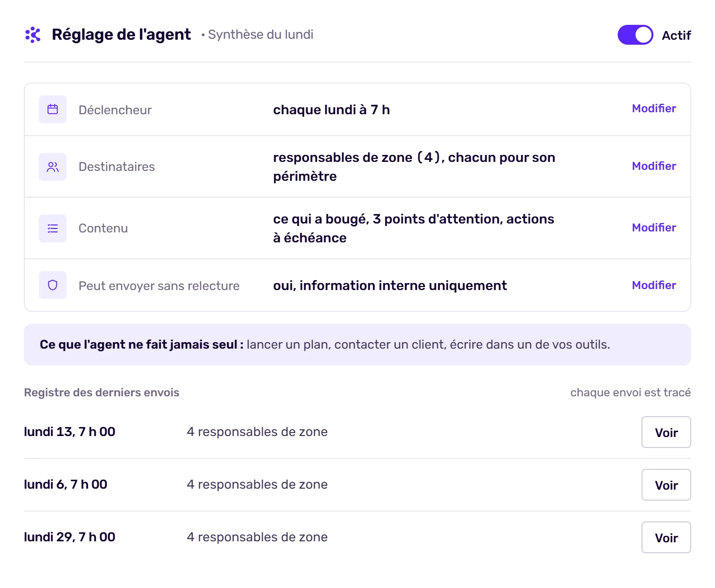 Réglage d’un agent qui veille dans Korbyx : déclencheur, destinataires, contenu, interrupteur et registre des envois