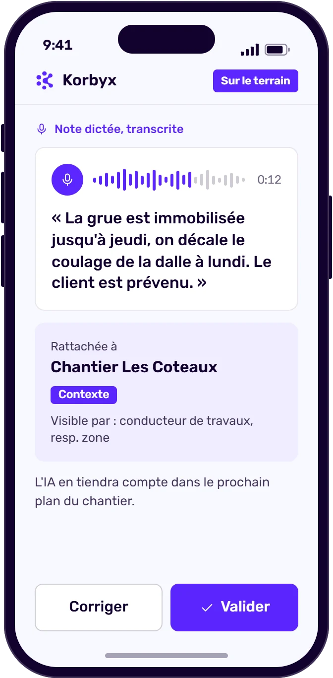 Note de terrain dictée, transcrite et rattachée à un chantier