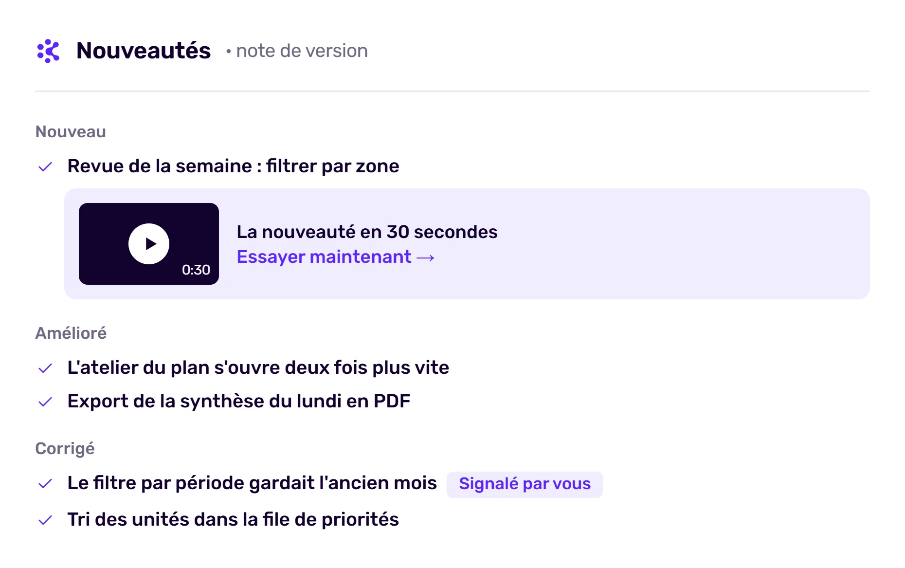 Note de version Korbyx dans le panneau Nouveautés : nouveautés, améliorations et corrections signalées par les clients