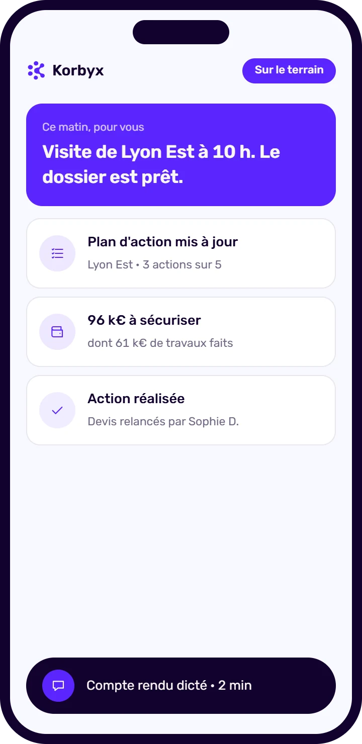 Korbyx sur téléphone : la visite du jour, préparée pour le terrain