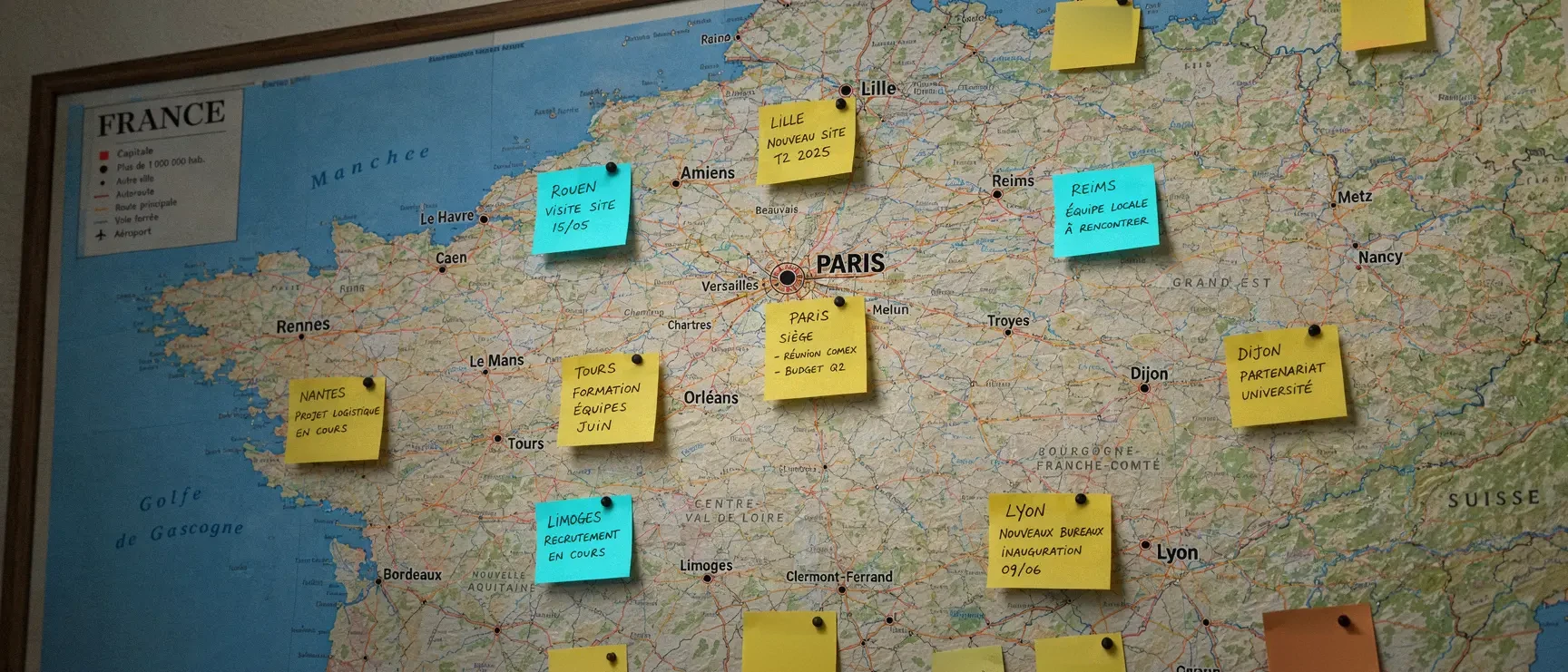 Carte de France annotée, une note par site d’un réseau multi-sites