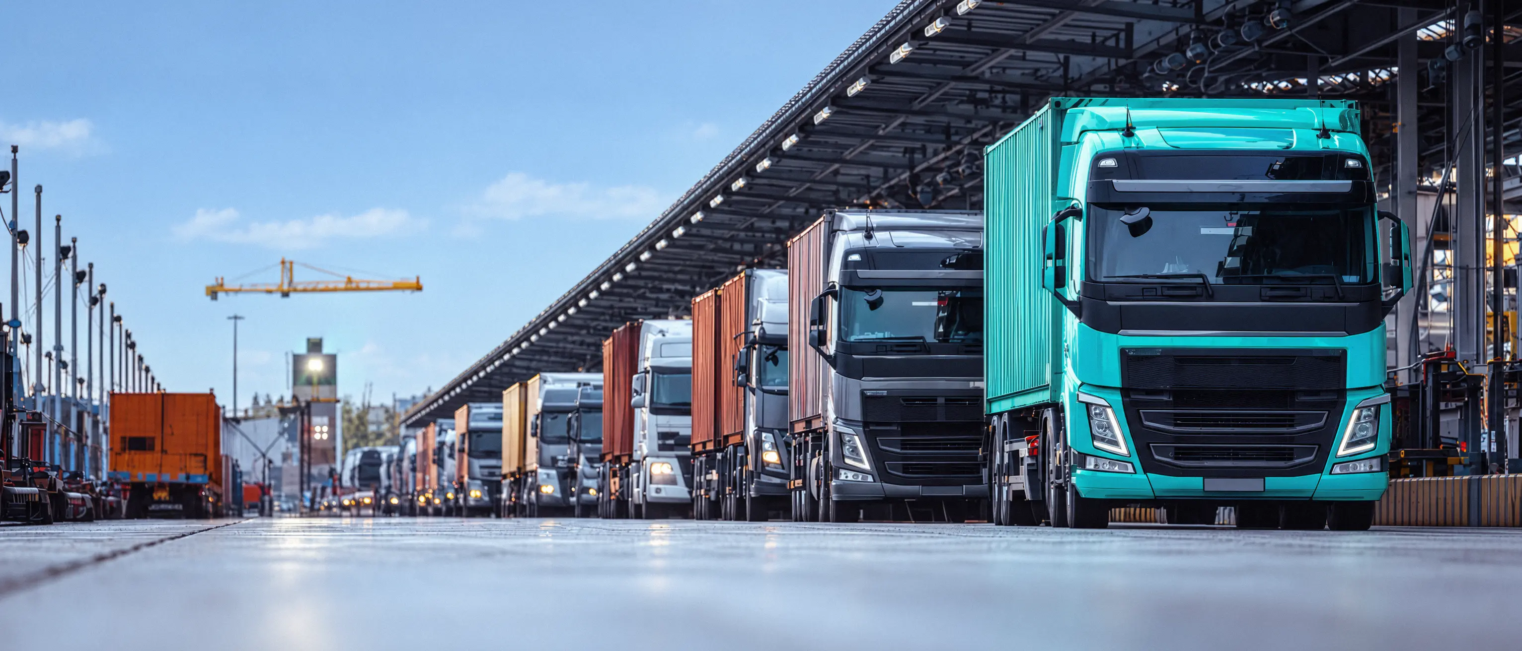 Des camions à quai, sous un auvent logistique