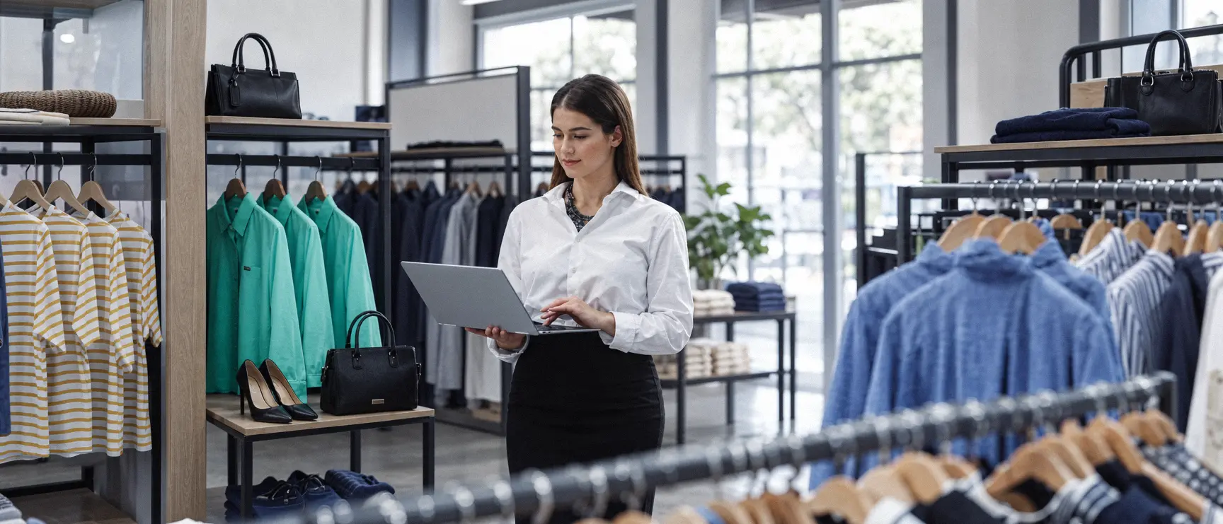 Une responsable de boutique, ordinateur en main, dans son magasin