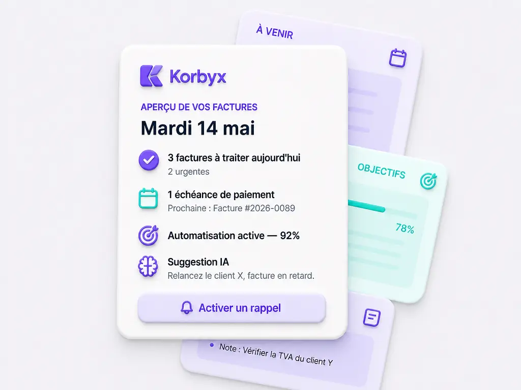 Un aperçu des factures à traiter et des suggestions dans une interface Korbyx