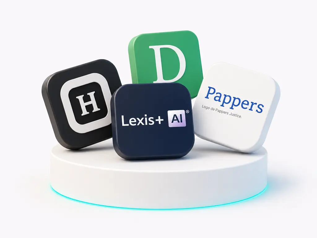 Les logos de plusieurs outils d'IA juridique posés sur un socle