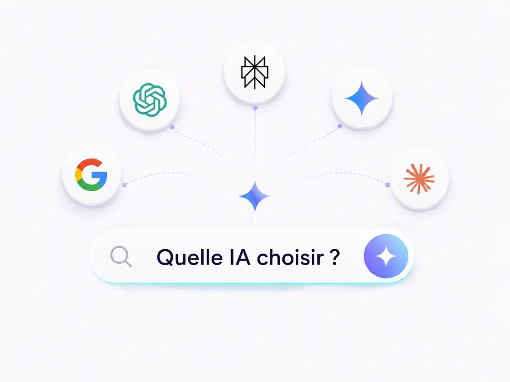 Une barre de recherche « Quelle IA choisir ? » entourée de logos d'assistants