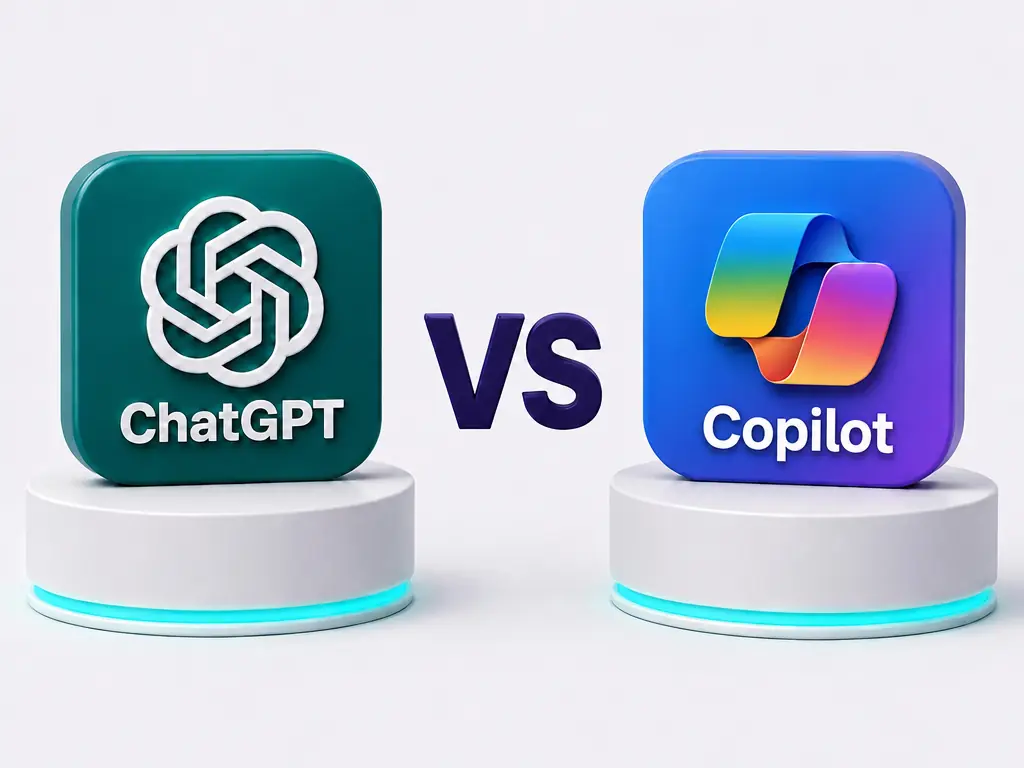 Les logos de ChatGPT et de Microsoft Copilot face à face