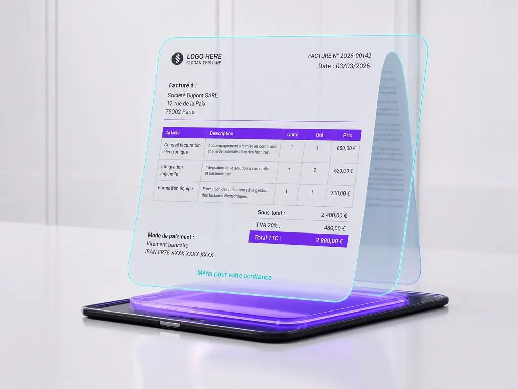 Une facture électronique affichée sur une plaque de verre au-dessus d'une tablette