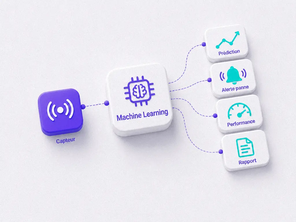 Un capteur relié à un modèle de machine learning qui produit prédictions, alertes et rapports