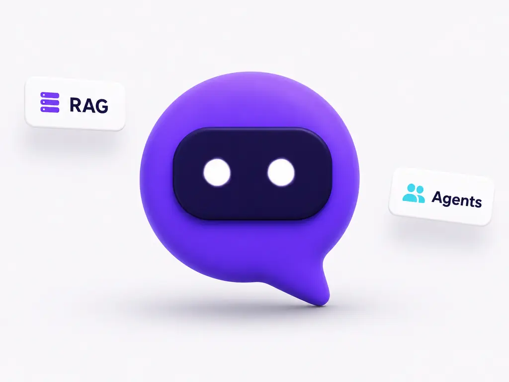Une bulle de dialogue souriante entourée des mots RAG et Agents